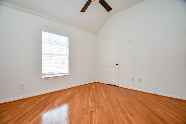 902 Cohn St, Houston, TX 77007 - unfurnished room with crown molding, a ceiling fan, lofted ceiling, light wood finished floors, and baseboards