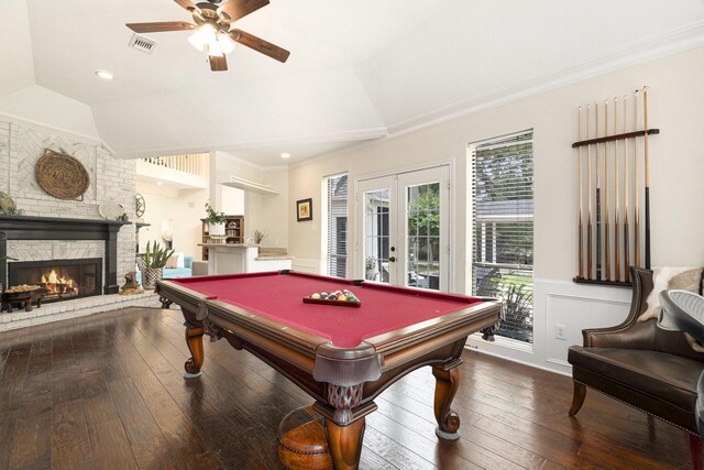 13303 Lost Creek Rd, Tomball, TX 77375 - rec room with a ceiling fan, hardwood / wood-style flooring, a brick fireplace, billiards, and ornamental molding