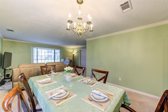 3402 Deeds Rd, Houston, TX 77084 - carpeted dining room featuring a chandelier, ornamental molding, baseboards, and a textured ceiling