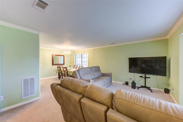 3402 Deeds Rd, Houston, TX 77084 - living room with a chandelier, carpet floors, ornamental molding, baseboards, and a textured ceiling