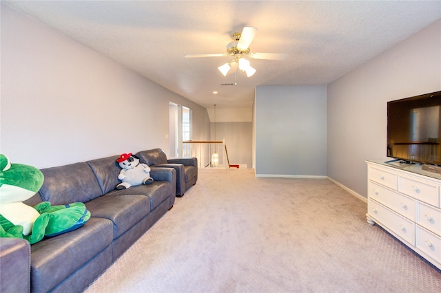 3402 Deeds Rd, Houston, TX 77084 - living room with a ceiling fan, light carpet, and baseboards