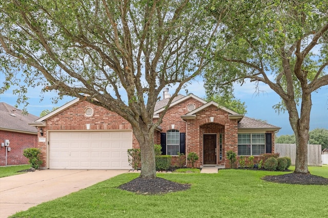 21551 Elm Hurst Ln, Katy, TX 77450 - traditional home featuring brick siding, concrete driveway, an attached garage, and a chimney