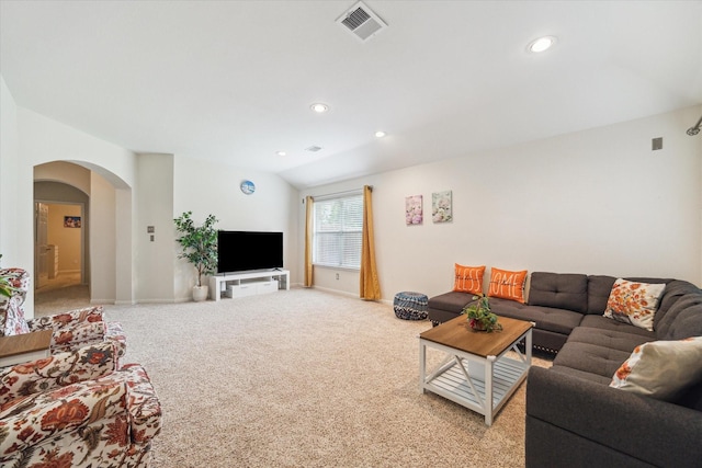 21551 Elm Hurst Ln, Katy, TX 77450 - living area with light carpet, arched walkways, baseboards, and recessed lighting