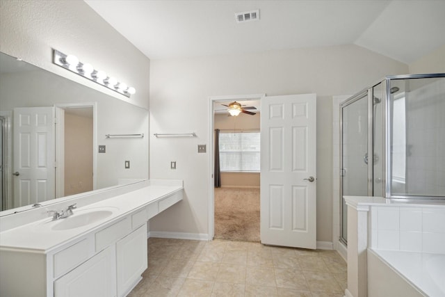 21551 Elm Hurst Ln, Katy, TX 77450 - full bath featuring a ceiling fan, vanity, a stall shower, a garden tub, and baseboards