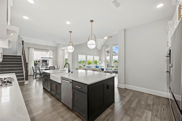 19307 Spillway Overlook Cir, Cypress, TX 77433 - kitchen with light countertops, wood finished floors, stainless steel appliances, and recessed lighting