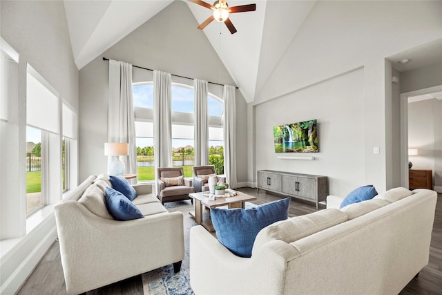 19307 Spillway Overlook Cir, Cypress, TX 77433 - living room featuring high vaulted ceiling, ceiling fan, and wood finished floors