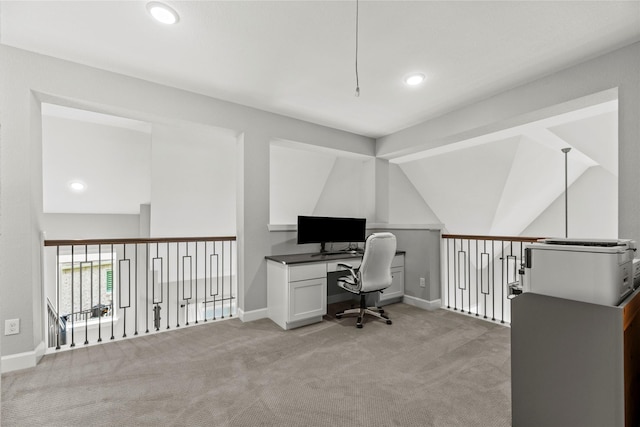 19307 Spillway Overlook Cir, Cypress, TX 77433 - office area featuring light colored carpet, lofted ceiling, and recessed lighting
