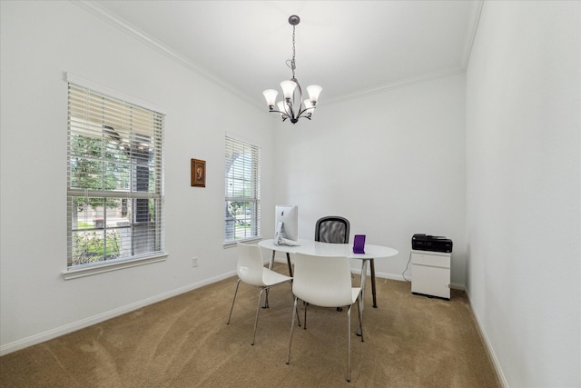 19726 Terrace Cliff Ct, Richmond, TX 77407 - carpeted dining room with ornamental molding, a chandelier, a desk, and baseboards