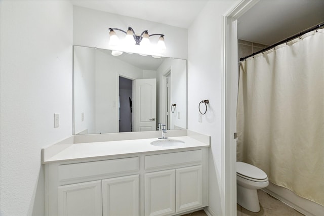 19726 Terrace Cliff Ct, Richmond, TX 77407 - full bathroom featuring vanity, toilet, tile patterned floors, and a shower with curtain