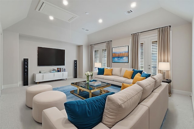 1811 Upland Lks, Houston, TX 77043 - living area with attic access, lofted ceiling, light carpet, recessed lighting, and baseboards