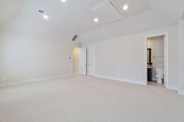 1811 Upland Lks, Houston, TX 77043 - empty room with attic access, lofted ceiling, light carpet, baseboards, and recessed lighting