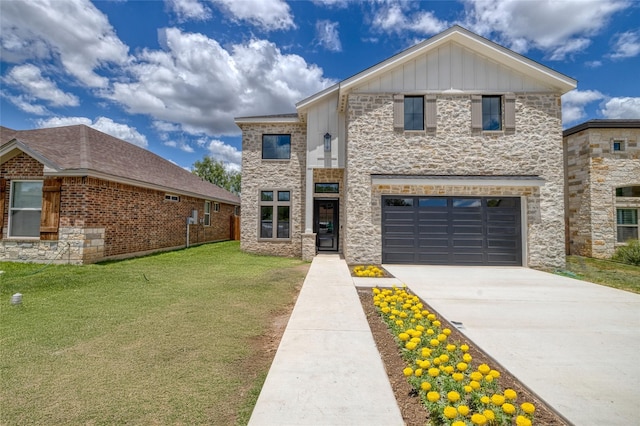 6 Rio Seco Dr, Uvalde, TX 78801 - contemporary home featuring stone siding, driveway, a front lawn, and an attached garage