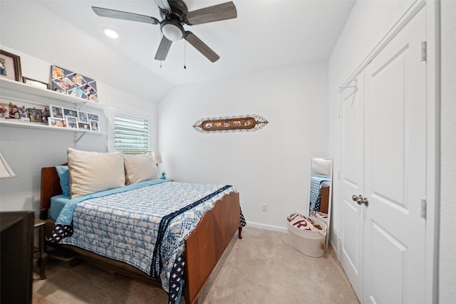 4236 Waterlily Spring Way, Porter, TX 77365 - bedroom with carpet floors, lofted ceiling, baseboards, a ceiling fan, and a closet