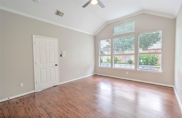 19927 Maple Village Dr, Cypress, TX 77433 - spare room with a ceiling fan, vaulted ceiling, wood finished floors, baseboards, and ornamental molding
