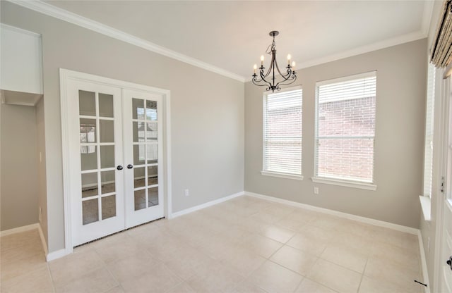 19927 Maple Village Dr, Cypress, TX 77433 - unfurnished room with crown molding, a chandelier, french doors, baseboards, and light tile patterned floors