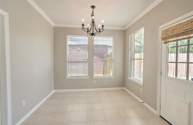 19927 Maple Village Dr, Cypress, TX 77433 - unfurnished dining area with a chandelier, crown molding, baseboards, and light tile patterned flooring