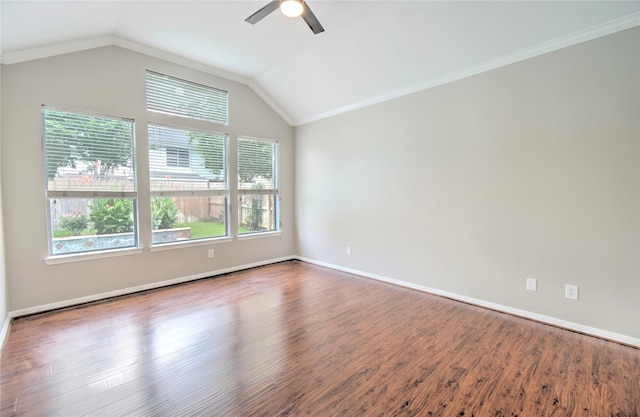 19927 Maple Village Dr, Cypress, TX 77433 - empty room with ceiling fan, lofted ceiling, ornamental molding, wood finished floors, and baseboards