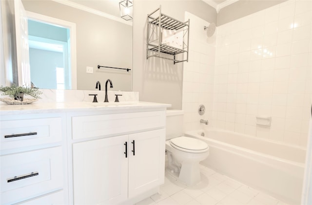 19927 Maple Village Dr, Cypress, TX 77433 - full bath with ornamental molding, vanity, toilet, bathing tub / shower combination, and tile patterned flooring