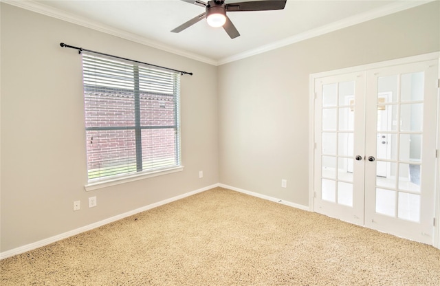 19927 Maple Village Dr, Cypress, TX 77433 - spare room with french doors, ceiling fan, carpet, ornamental molding, and baseboards