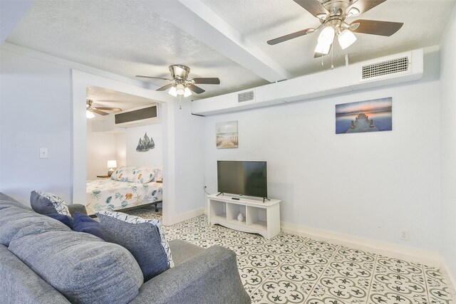 1513 19th St, Galveston, TX 77550 - living area with baseboards, a textured ceiling, and a ceiling fan