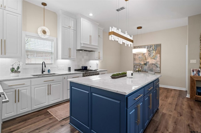 420 Bunker Dr, Tyler, TX 75703 - kitchen with blue cabinets, a sink, white cabinets, tasteful backsplash, and dark wood-style flooring