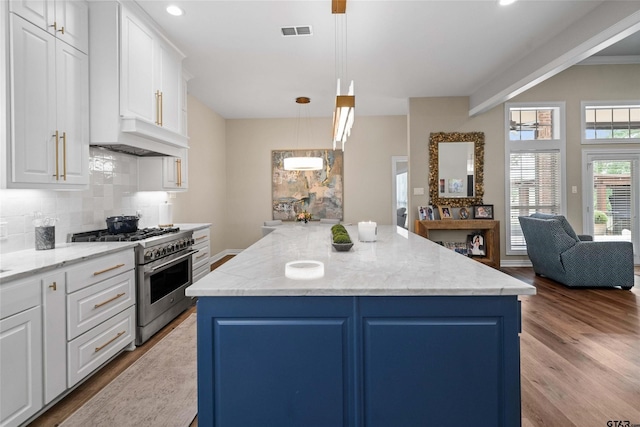 420 Bunker Dr, Tyler, TX 75703 - kitchen featuring stainless steel range, decorative backsplash, white cabinetry, wood finished floors, and light stone counters