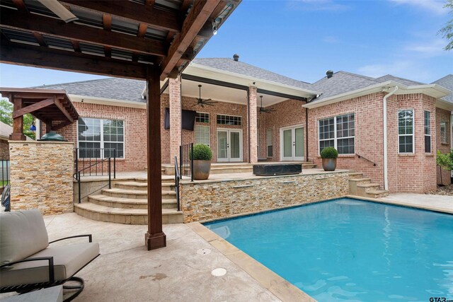 420 Bunker Dr, Tyler, TX 75703 - swimming pool featuring french doors, a ceiling fan, and a patio area