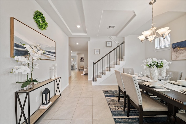 6531 Cody Mountain Trl, Richmond, TX 77407 - dining space featuring stairs, light tile patterned floors, a chandelier, recessed lighting, and baseboards