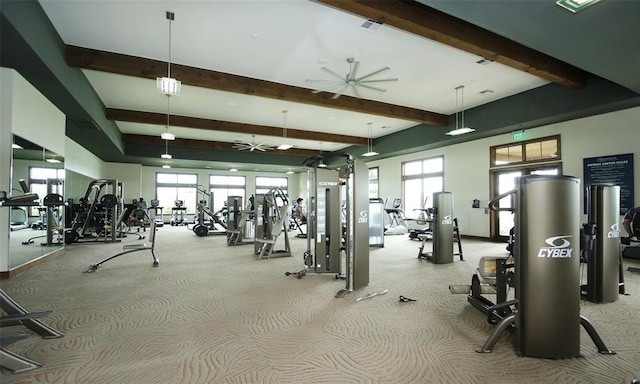 10506 Star Thistle Ct, Cypress, TX 77433 - gym with a ceiling fan, beam ceiling, plenty of natural light, and carpet