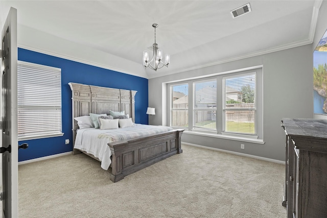 10506 Star Thistle Ct, Cypress, TX 77433 - bedroom with a chandelier, light carpet, baseboards, and crown molding