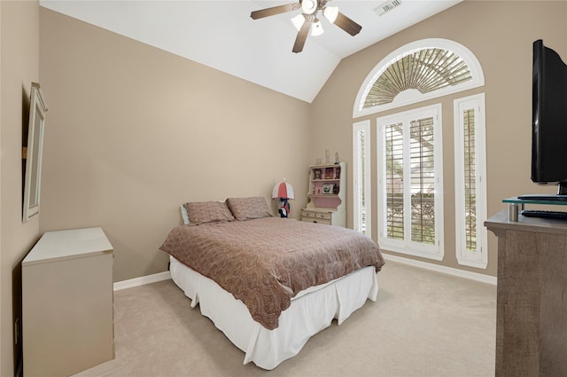 2005 Mistwood Ct, Pearland, TX 77584 - bedroom featuring light carpet, baseboards, vaulted ceiling, and ceiling fan