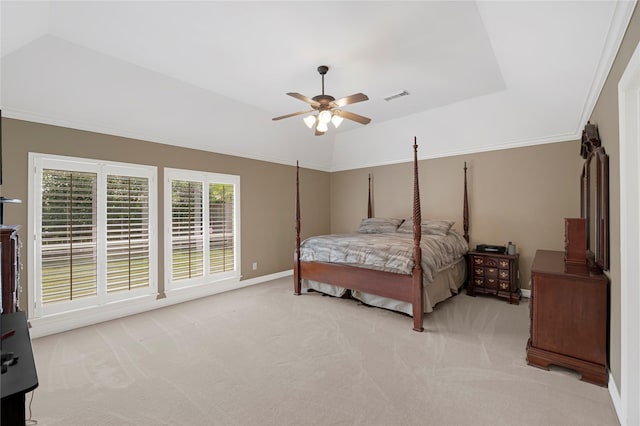 2005 Mistwood Ct, Pearland, TX 77584 - bedroom featuring light colored carpet, baseboards, a ceiling fan, lofted ceiling, and a tray ceiling