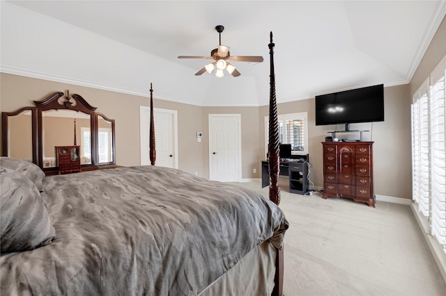 2005 Mistwood Ct, Pearland, TX 77584 - bedroom featuring light carpet, baseboards, vaulted ceiling, ornamental molding, and a ceiling fan