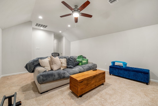 77 Indian Wells Dr, Manvel, TX 77578 - carpeted living area featuring lofted ceiling, baseboards, ceiling fan, and recessed lighting