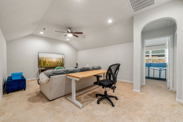 77 Indian Wells Dr, Manvel, TX 77578 - carpeted office space featuring vaulted ceiling, recessed lighting, baseboards, and a ceiling fan