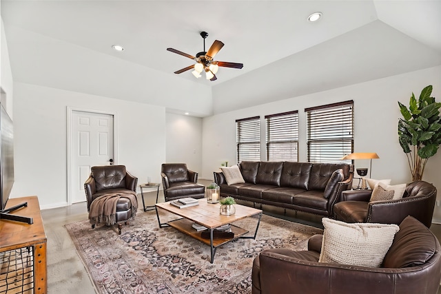 4510 Cedarfield Rd, Katy, TX 77494 - living area featuring ceiling fan, lofted ceiling, recessed lighting, and baseboards