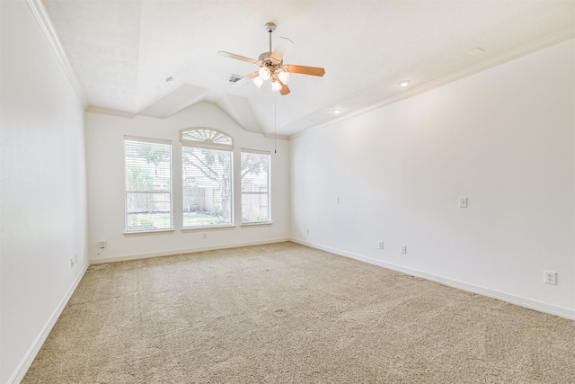 22011 Twinkle Sky Ct, Cypress, TX 77433 - unfurnished room with a ceiling fan, light carpet, vaulted ceiling, baseboards, and ornamental molding