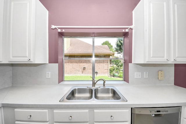 7115 Blanco Pines Dr, Humble, TX 77346 - kitchen featuring stainless steel dishwasher, a sink, light countertops, and white cabinets