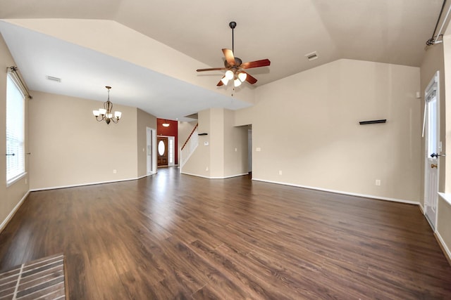 7115 Blanco Pines Dr, Humble, TX 77346 - unfurnished living room featuring lofted ceiling, a chandelier, stairway, dark wood-style floors, and ceiling fan