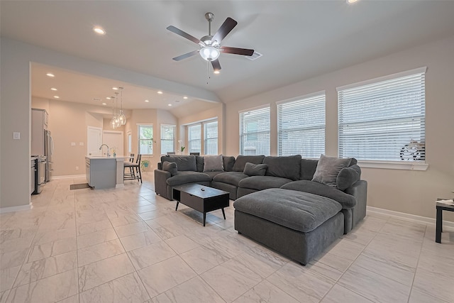 24227 Tallgrass Meadow Trl, Katy, TX 77493 - living area with ceiling fan, recessed lighting, baseboards, and light marble finish floors