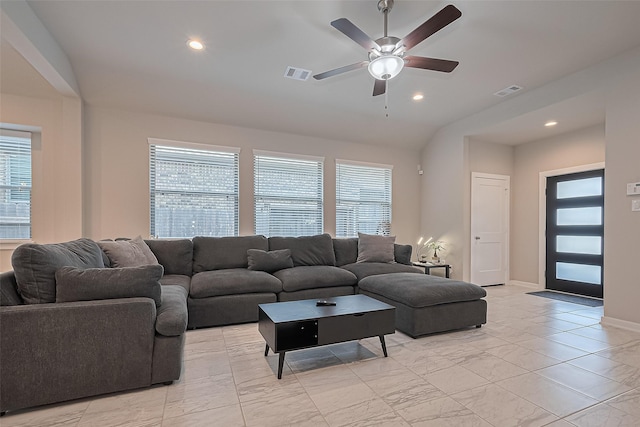 24227 Tallgrass Meadow Trl, Katy, TX 77493 - living area with healthy amount of natural light, recessed lighting, ceiling fan, light marble finish floors, and baseboards
