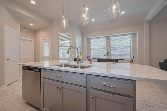 24227 Tallgrass Meadow Trl, Katy, TX 77493 - kitchen featuring gray cabinetry, a sink, dishwasher, light marble finish flooring, and an island with sink
