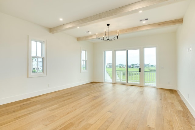 714 Vista Bella, Galveston, TX 77554 - empty room featuring a chandelier, light wood-style flooring, baseboards, and beam ceiling