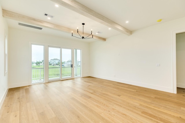 714 Vista Bella, Galveston, TX 77554 - unfurnished room featuring a chandelier, beamed ceiling, baseboards, light wood-style flooring, and recessed lighting