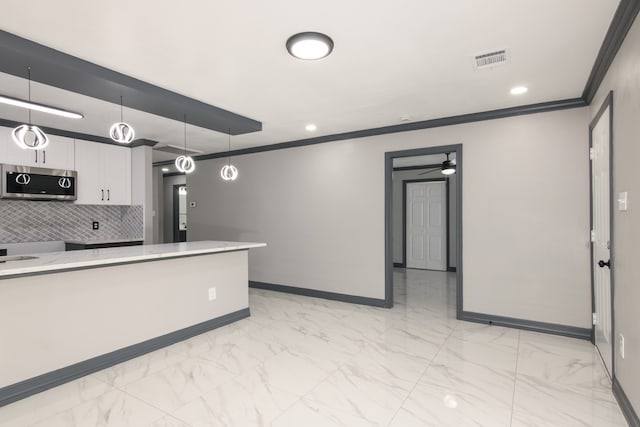 11835 S Ridgewood Cir, Houston, TX 77071 - kitchen featuring stainless steel microwave, baseboards, white cabinetry, light marble finish floors, and recessed lighting