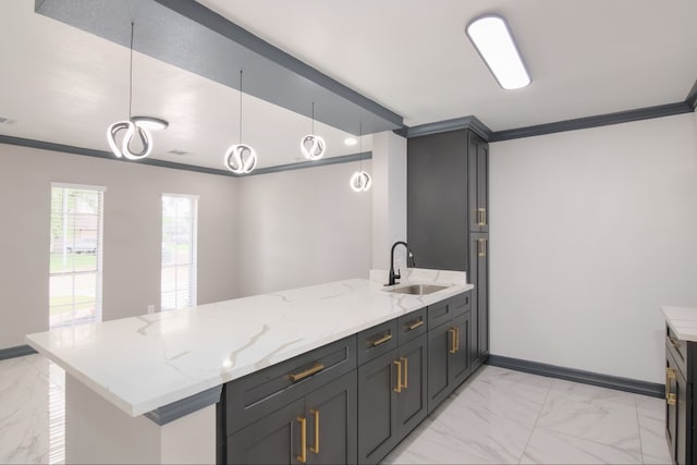 11835 S Ridgewood Cir, Houston, TX 77071 - kitchen featuring light marble finish flooring, a peninsula, a sink, baseboards, and ornamental molding