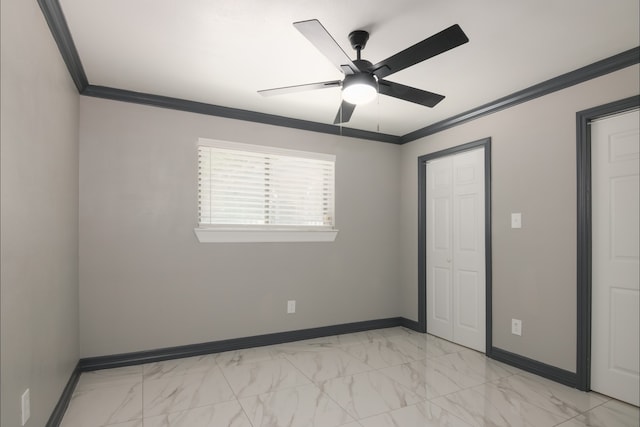 11835 S Ridgewood Cir, Houston, TX 77071 - unfurnished room featuring light marble finish flooring, baseboards, ornamental molding, and ceiling fan