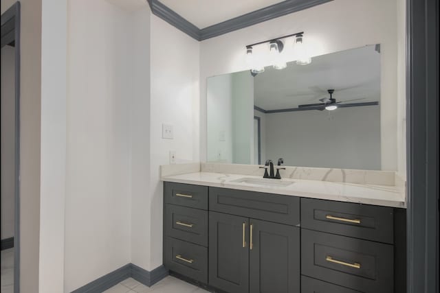 11835 S Ridgewood Cir, Houston, TX 77071 - bathroom featuring vanity, ceiling fan, crown molding, baseboards, and tile patterned flooring