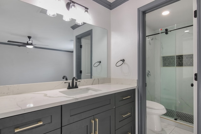 11835 S Ridgewood Cir, Houston, TX 77071 - full bath with toilet, vanity, a marble finish shower, marble finish floors, and a ceiling fan