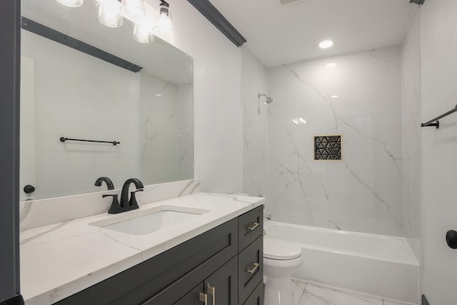 11835 S Ridgewood Cir, Houston, TX 77071 - full bathroom with vanity, marble finish flooring, toilet, tub / shower combination, and recessed lighting